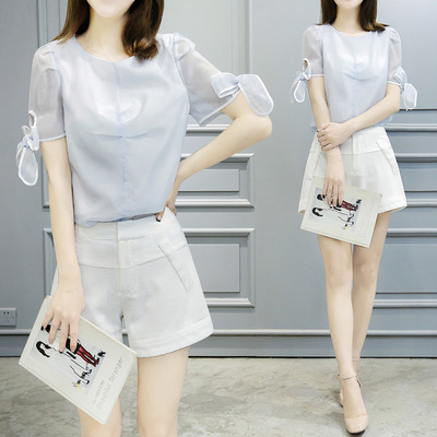 魅宠 夏季韩版时尚两件套装女蝴蝶结袖雪纺上衣+纯色短裤