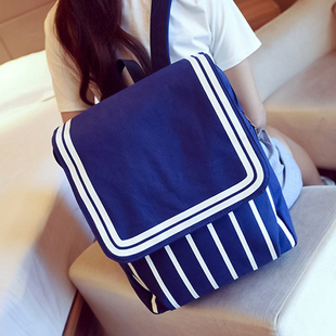 女包双肩包韩版学院风帆布纯色条纹简约中学生书包明星同款背包