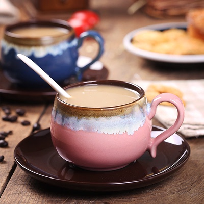 窑变流釉 特色手绘咖啡杯碟套装 花式陶瓷杯子 个性复古创意 送勺