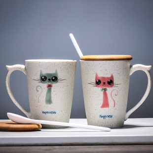 景德镇情侣杯子陶瓷创意潮流马克杯猫咪对杯 手工简约水杯咖啡杯
