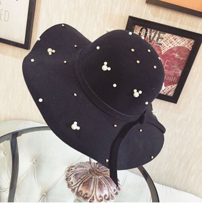 珍珠时尚大檐帽 蝴蝶结女帽大沿帽子 保暖气质毛呢帽
