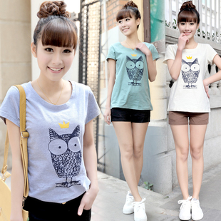 2015夏季新款韩版短袖t恤圆领女修身时尚印花纯棉少女学生上衣潮