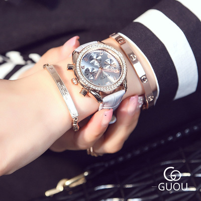 精品韩版女生手表圆盘石英手表小三针满钻皮带新款手表