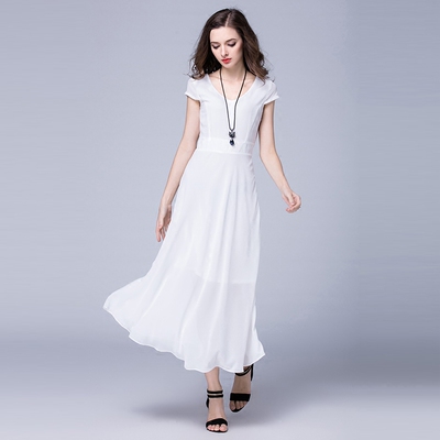 2016夏季品牌女装新款韩版雪纺连衣裙白色修身款优雅短袖大摆裙女