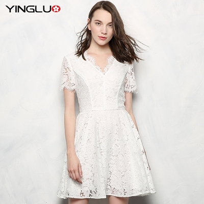 2016夏季新款女白色蕾丝连衣裙收腰显瘦a型性感V领短袖蓬蓬裙短裙