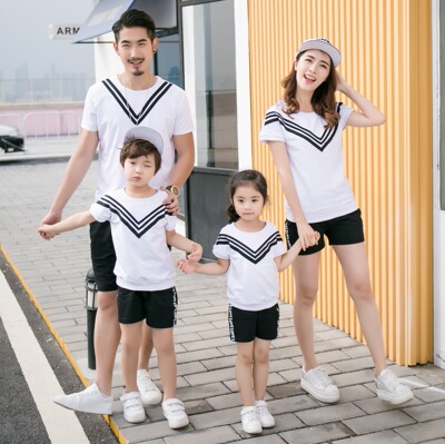 亲子装2017夏装新款一家三口家庭装母女装加大码韩版父子运动套装