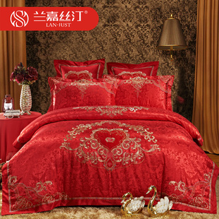 婚庆四件套大红新婚 刺绣结婚床上用品欧式床单式六八十件套