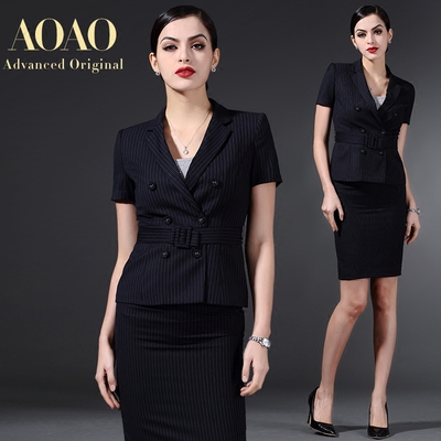 AOAO春夏新款高端定制气质条纹职业女装工作服套装裙短袖西装专柜