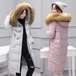 2016冬季女装新款时尚骡子毛领修身连帽棉衣外套中长款