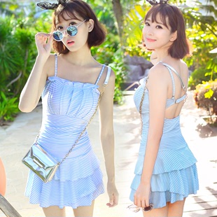 韩国小清新条纹 时尚性感修身显瘦遮肚连体裙式温泉游泳衣