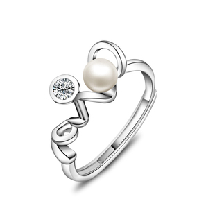 新款925纯银正品 LOVE珍珠戒指 开口女士戒指