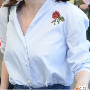2016杨幂明星时尚机场同款玫瑰花朵刺绣蓝色长袖衬衫衬衣一件代发