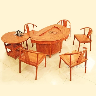 非洲花梨木功夫茶桌椅组合 全实木扇形茶几 中式方形茶台限时打折