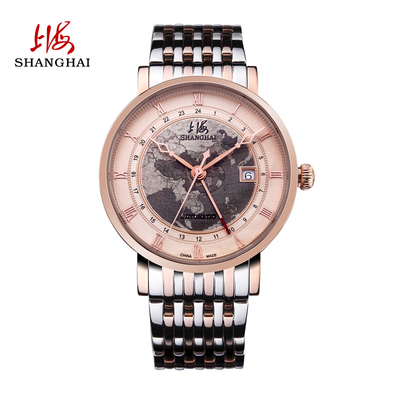 上海牌全自动机械男士手表时尚钢带日历地图两地时镀金腕表正品