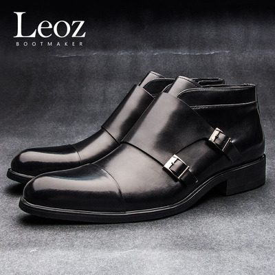LEOZ2016新款男士尖头短靴时尚秋冬高帮皮鞋英伦搭扣牛皮绅士男鞋