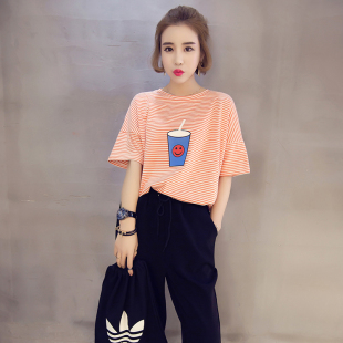 2016年女夏韩版可乐印花简约条纹圆领打底短袖学院风宽松纯棉T恤