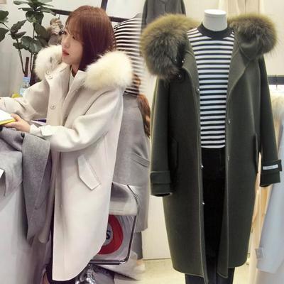 羊绒呢子大衣女2016秋冬装韩国连帽外套中长款修身毛呢外套双面呢