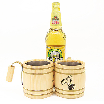 定制logo日式古典松木杯配不锈钢内胆原木制作喝茶杯子创意啤酒杯