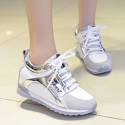 16新款韩版女鞋圆头平底坡跟系带女波鞋亮片拼色内增高运动休闲鞋