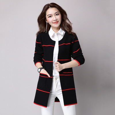 秋冬新款条纹圆领韩版中长款针织羊毛开衫女修身时尚休闲毛衣外套