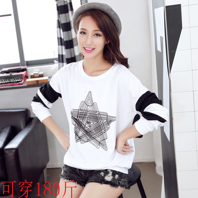 2016年新款时尚女装韩版星星线条圆领条纹袖T恤衫