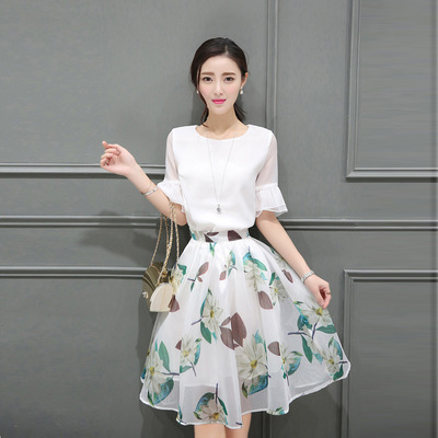 新款韩版中长款印花A字裙OL气质短袖两件套2016夏装显瘦连衣裙女