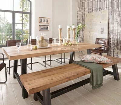 美式做旧实木餐厅餐桌椅会议桌原木长桌办公桌工作台洽谈桌包邮