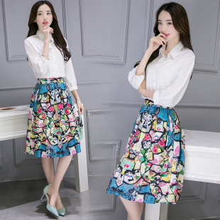 2016秋装新款韩版七分袖蝙蝠袖白衬衣中长款印花连衣裙两件套装裙