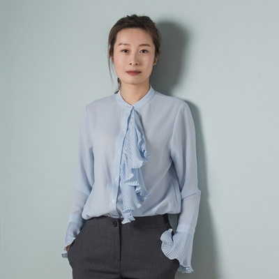 韩国东大门代购女装新款雪纺衬衣衫长袖纯色静谧蓝立领修身喇叭袖