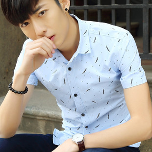 2016夏季青年男装韩版男式短袖衬衫修身印花薄款纯棉时尚男士衬衣