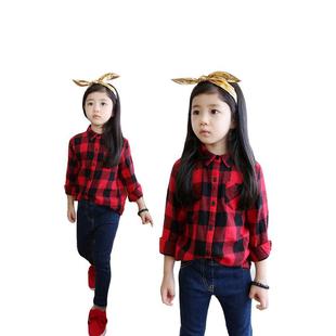 2016秋季男女童衬衫新款儿童格子方领开衫衬衣韩版纯棉长袖打底衫