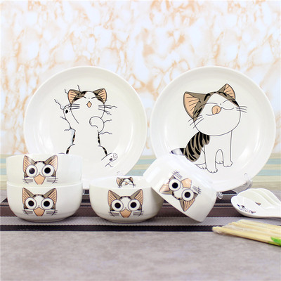 萌猫儿童家用碗碟骨瓷可爱套装14头韩式陶瓷盘子日式卡通微波餐具