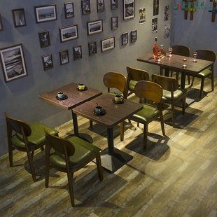 复古咖啡厅桌椅 小吃店奶茶甜品店西餐厅桌椅 休闲实木餐桌椅组合