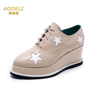 高端定制品牌Aodelz  2016厚底潮尖头平底坡跟系带英伦风真皮女鞋