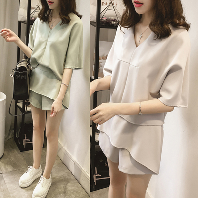 韩版夏季装2016气质休闲淑女雪纺V领五分袖t恤+短裤子套装两件套