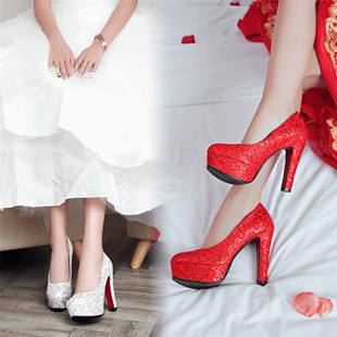 秋冬新款红色结婚鞋粗跟超高跟女鞋银色婚纱新娘鞋敬酒单鞋伴娘鞋
