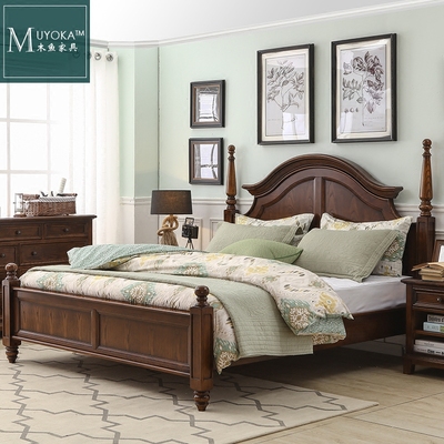 美式乡村实木双人床1.8米胡桃色卧室组合白蜡木美式实木床