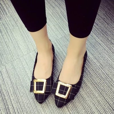 韩版时尚2016夏季新款尖头金属单鞋格子纹方扣百搭舒适女鞋