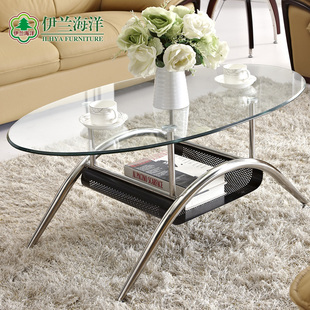 简约现代不锈钢钢化玻璃茶几宜家个性创意客厅小户型椭圆茶桌401B