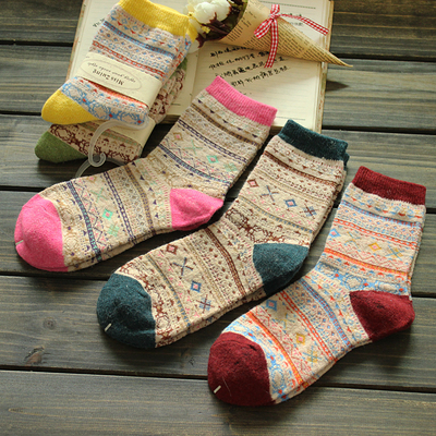 满8双包邮 日系女士袜子 复古民族风兔羊毛袜冬天保暖袜森女袜潮