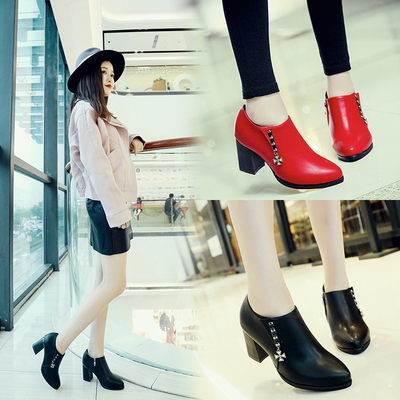 16新款韩版尖头女高跟鞋粗跟中跟侧拉链纯色时尚小红鞋婚鞋单鞋女