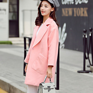 16韩国新款时尚纯色大码女装秋冬长袖潮流中长款毛呢外套包邮A7
