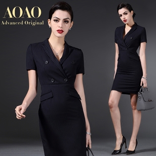 AOAO2016新品修身高端通勤OL职业女装短袖条纹连衣裙面试正装包邮