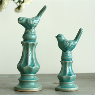 新款！美式乡村彩绘蓝色高低鸟陶瓷装饰品家居饰品摆件工艺品