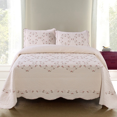 全棉绣花绗缝被三件套双人空调被夏凉被纯棉床盖床罩床单水洗特价