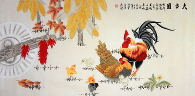 纯手绘真迹工笔国画花鸟画四尺公鸡母鸡 大吉图 客厅装饰X24604
