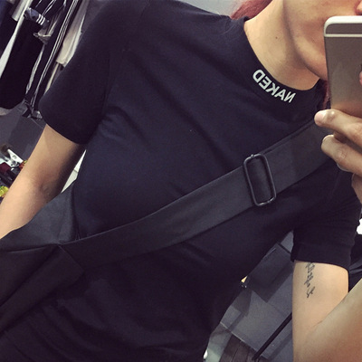 2016新品 韩版修身半高领字母弹力紧身短袖T恤女 T27