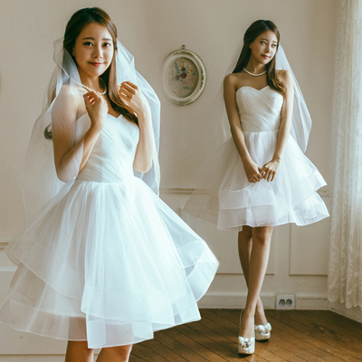 白色伴娘服冬姐妹裙短款新款韩版抹胸礼服婚礼蓬蓬裙晚装修身绑带