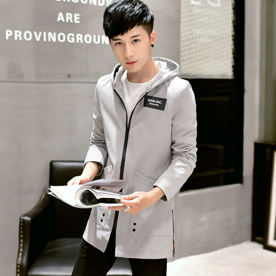 秋季男青少年中长款连帽风衣夹克14-22岁学生韩版修身薄春装外套