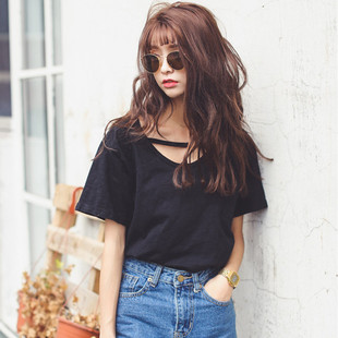 韩版女装新款 纯棉纯色性感显瘦显锁骨漏洞宽松短袖T恤打底衫女